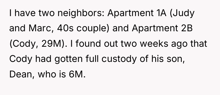 I have two neighbors: Apartment 1A (Judy and Marc, 40s...