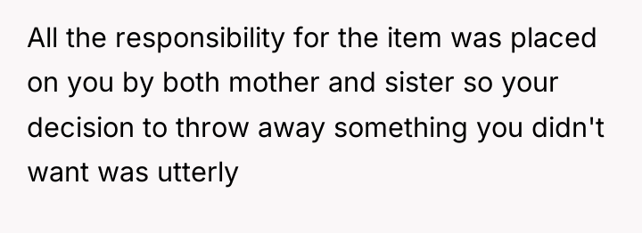 All the responsibility for the item was placed on you...