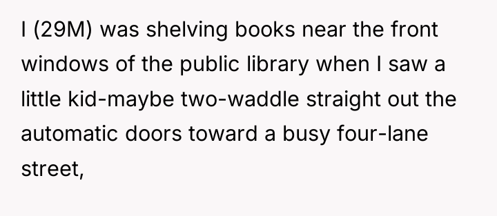 I (29M) was shelving books near the front windows of...