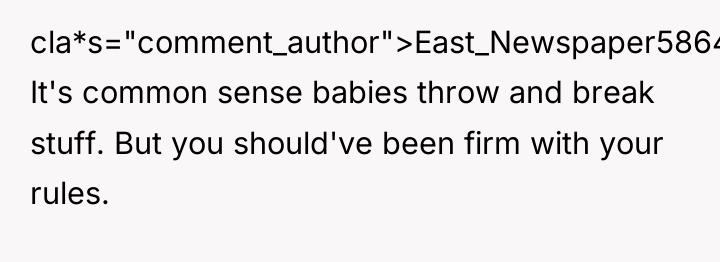 cla*s="comment_author">East_Newspaper5864: It's common sense babies throw and break stuff. But...