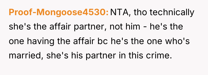 Proof-Mongoose4530 NTA, tho technically she's the affair partner, not him...