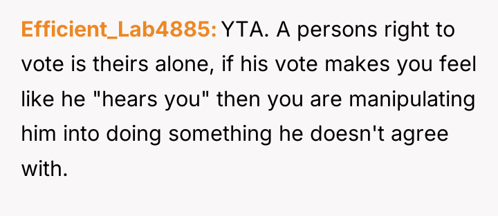 Efficient_Lab4885 YTA. A persons right to vote is theirs alone,...