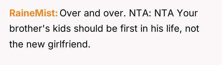 RaineMist Over and over. NTA: NTA Your brother's kids should...