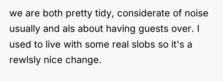 we are both pretty tidy, considerate of noise usually and...