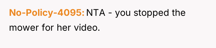No-Policy-4095 NTA - you stopped the mower for her video.