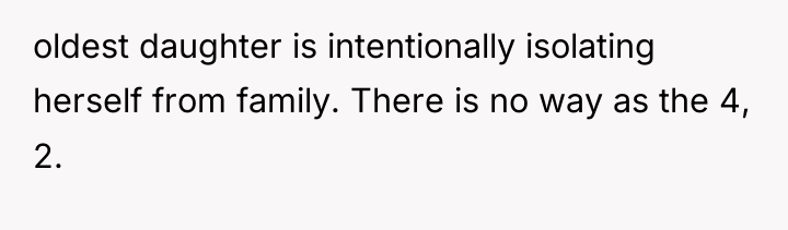 oldest daughter is intentionally isolating herself from family. There is...