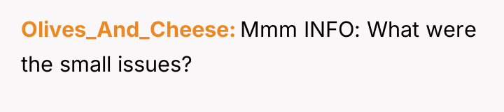 Olives_And_Cheese Mmm INFO: What were the small issues?