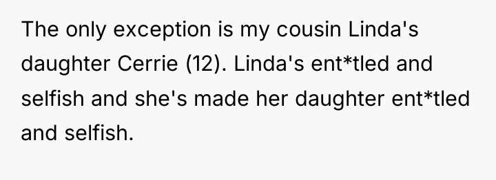 The only exception is my cousin Linda's daughter Cerrie (12)....