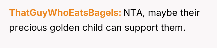 ThatGuyWhoEatsBagels NTA, maybe their precious golden child can support them.