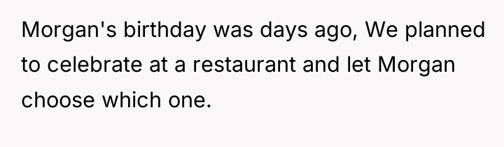 Morgan's birthday was days ago, We planned to celebrate at...