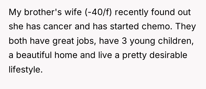 My brother's wife (-40/f) recently found out she has cancer...