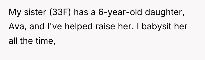 My sister (33F) has a 6-year-old daughter, Ava, and I've...
