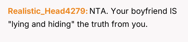 Realistic_Head4279 NTA. Your boyfriend IS "lying and hiding" the truth...