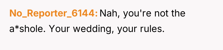 No_Reporter_6144 Nah, you're not the a*shole. Your wedding, your rules.