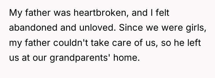 My father was heartbroken, and I felt abandoned and unloved....