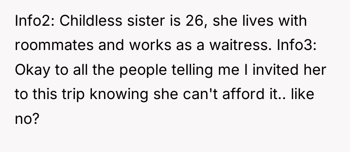 Info2: Childless sister is 26, she lives with roommates and...