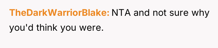 TheDarkWarriorBlake NTA and not sure why you'd think you were.