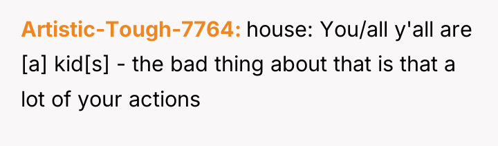 Artistic-Tough-7764 house: You/all y'all are [a] kid[s] - the bad...