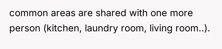 common areas are shared with one more person (kitchen, laundry...