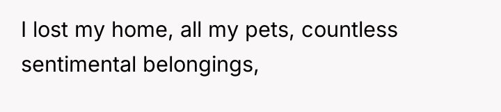 I lost my home, all my pets, countless sentimental belongings,