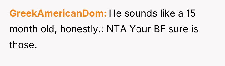GreekAmericanDom He sounds like a 15 month old, honestly.: NTA...