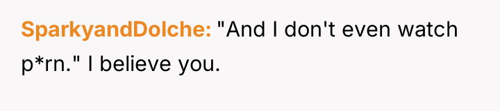 SparkyandDolche "And I don't even watch p*rn." I believe you.