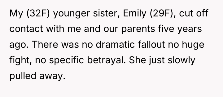 My (32F) younger sister, Emily (29F), cut off contact with...