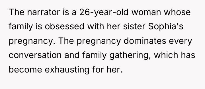 The narrator is a 26-year-old woman whose family is obsessed...