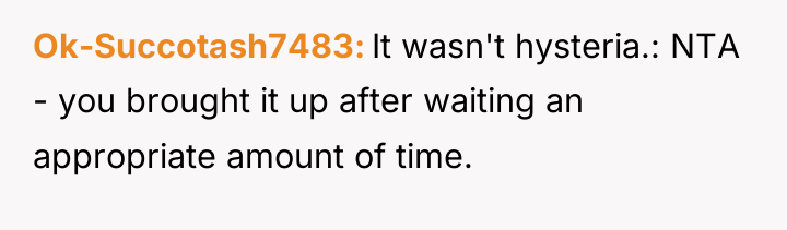 Ok-Succotash7483 It wasn't hysteria.: NTA - you brought it up...