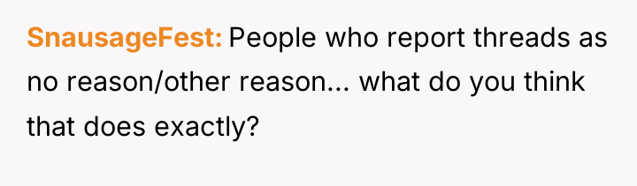 SnausageFest People who report threads as no reason/other reason... what...