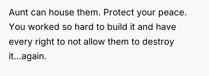 Aunt can house them. Protect your peace. You worked so...