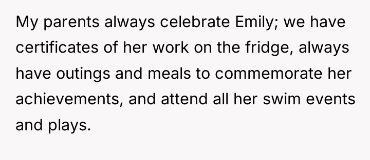 My parents always celebrate Emily; we have certificates of her...