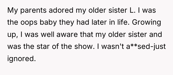 My parents adored my older sister L. I was the...