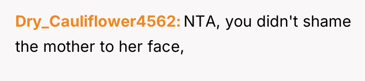 Dry_Cauliflower4562 NTA, you didn't shame the mother to her face,