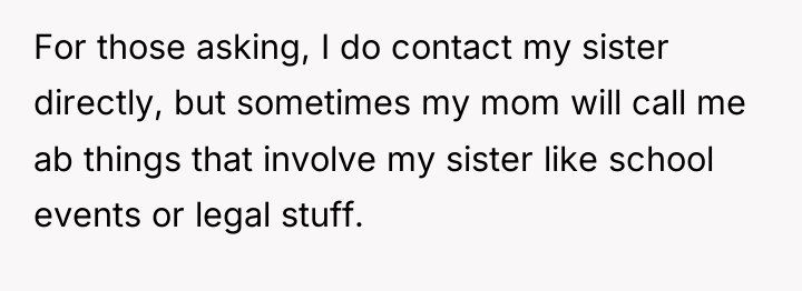 For those asking, I do contact my sister directly, but...