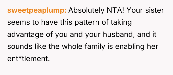 sweetpeaplump Absolutely NTA! Your sister seems to have this pattern...