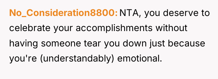 No_Consideration8800 NTA, you deserve to celebrate your accomplishments without having...