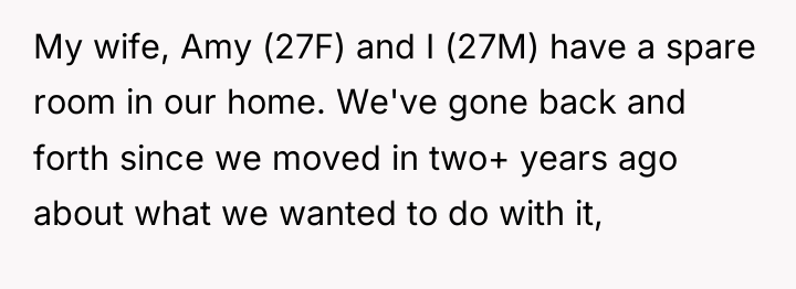 My wife, Amy (27F) and I (27M) have a spare...