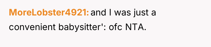 MoreLobster4921 and I was just a convenient babysitter': ofc NTA.