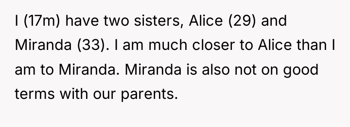 I (17m) have two sisters, Alice (29) and Miranda (33)....