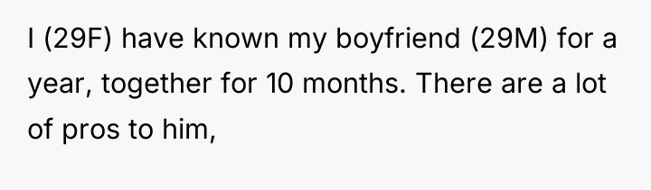 I (29F) have known my boyfriend (29M) for a year,...