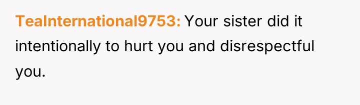 TeaInternational9753 Your sister did it intentionally to hurt you and...