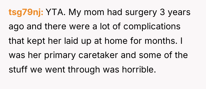 tsg79nj YTA. My mom had surgery 3 years ago and...