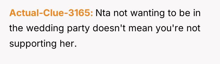 Actual-Clue-3165 Nta not wanting to be in the wedding party...