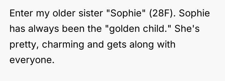 Enter my older sister "Sophie" (28F). Sophie has always been...