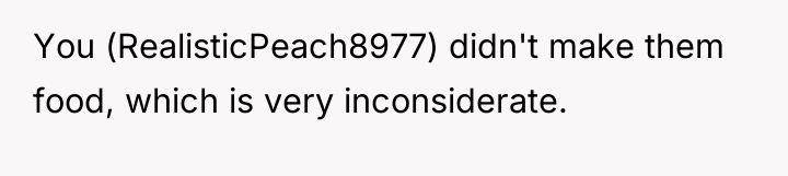 You (RealisticPeach8977) didn't make them food, which is very inconsiderate.