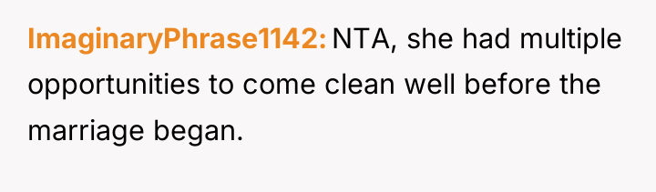 ImaginaryPhrase1142 NTA, she had multiple opportunities to come clean well...