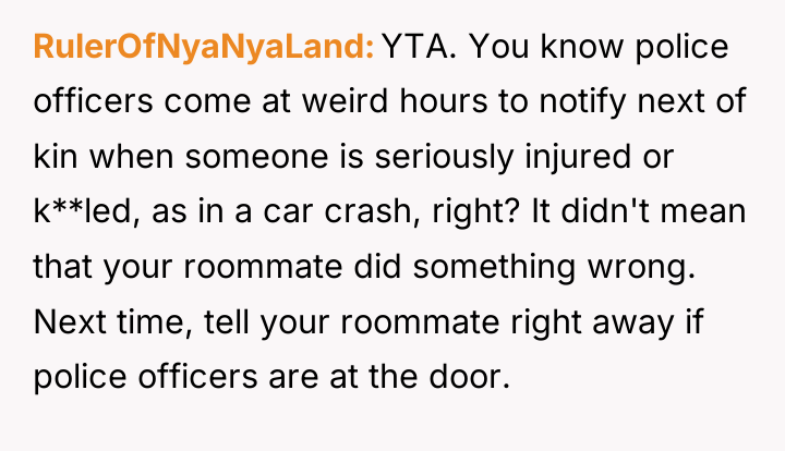 RulerOfNyaNyaLand YTA. You know police officers come at weird hours...