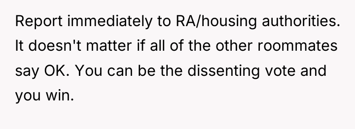 Report immediately to RA/housing authorities. It doesn't matter if all...