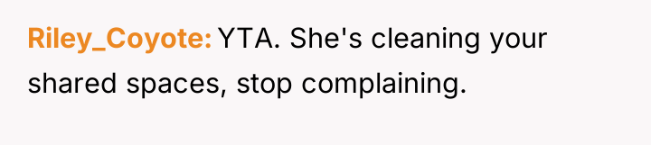 Riley_Coyote YTA. She's cleaning your shared spaces, stop complaining.
